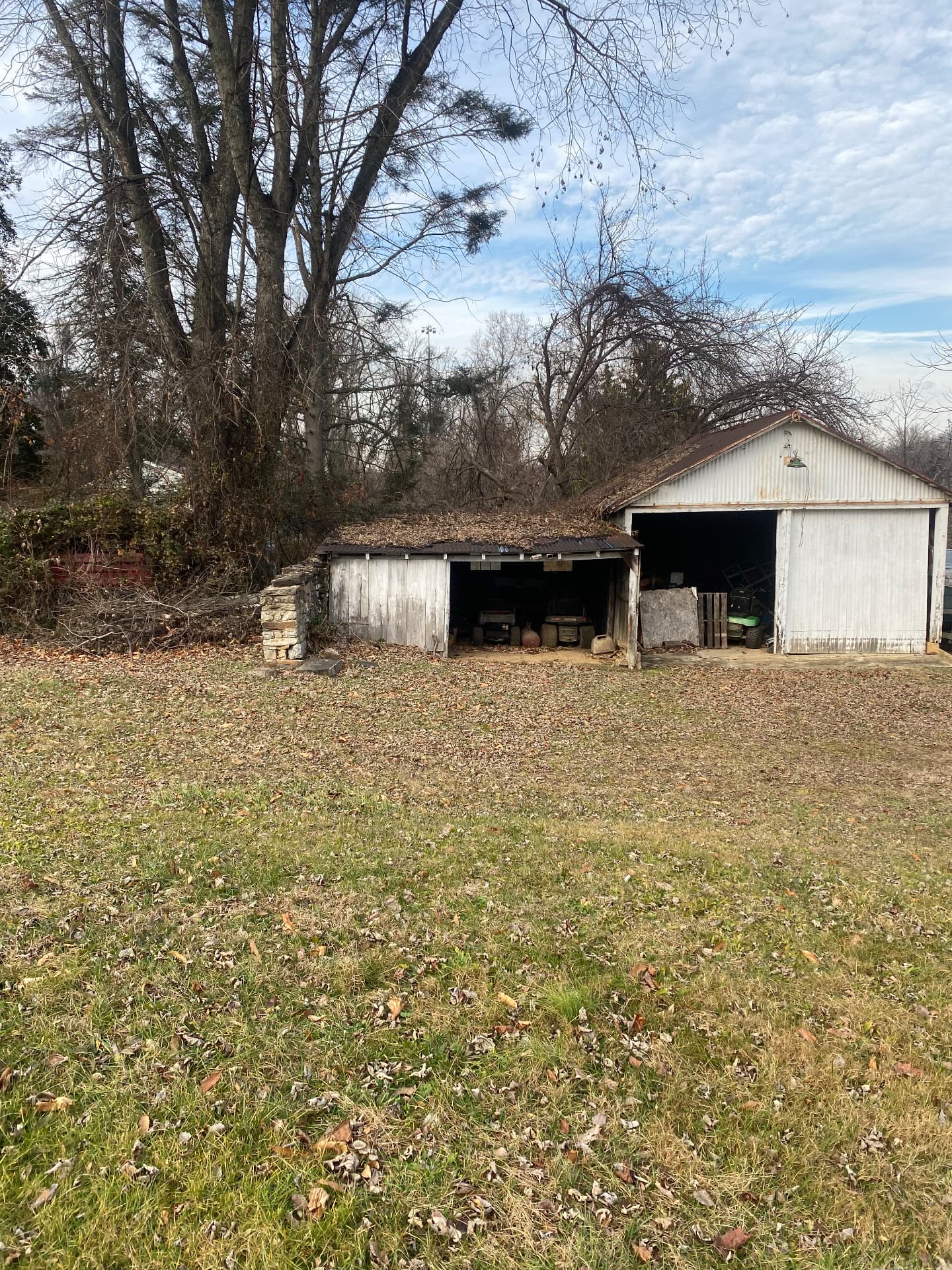 The original barn and equipment shed before cleanup, roof covered in leaves
